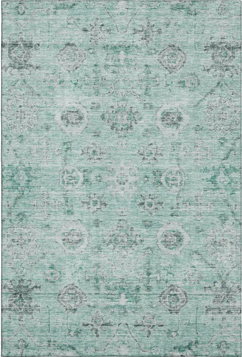 Teal Silver And Gray Damask Washable Area Rug With UV Protection Photo 1