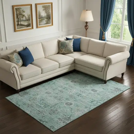 Teal Silver And Gray Damask Washable Area Rug With UV Protection Photo 2