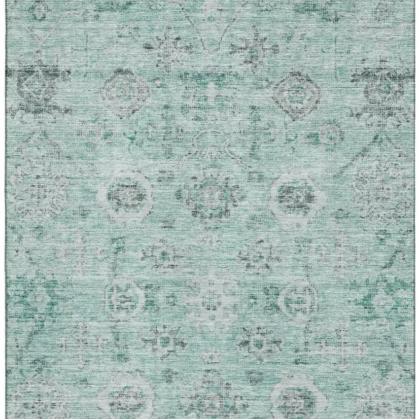 Teal Silver And Gray Damask Washable Area Rug With UV Protection Photo 2