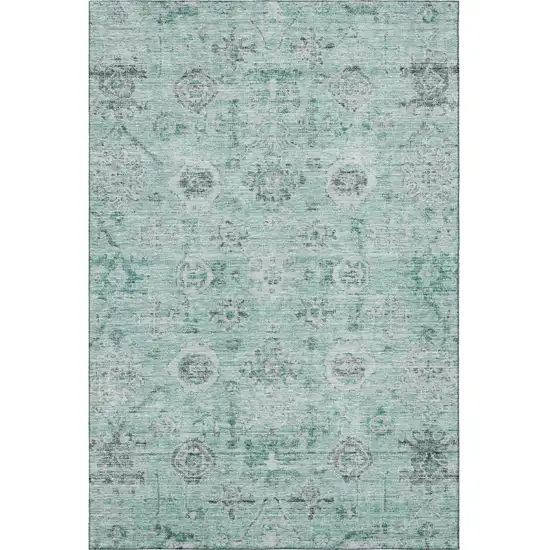 Teal Silver And Gray Damask Washable Area Rug With UV Protection Photo 3