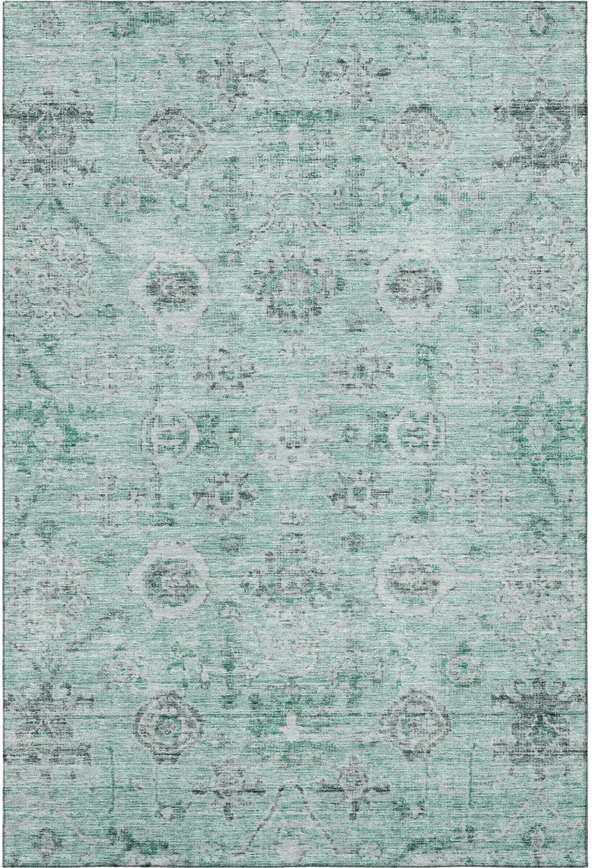 Teal Silver And Gray Damask Washable Area Rug With UV Protection Photo 3