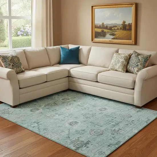 Teal Silver And Gray Damask Washable Area Rug With UV Protection Photo 2