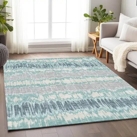 Teal Silver And Gray Striped Washable Area Rug With UV Protection Photo 5