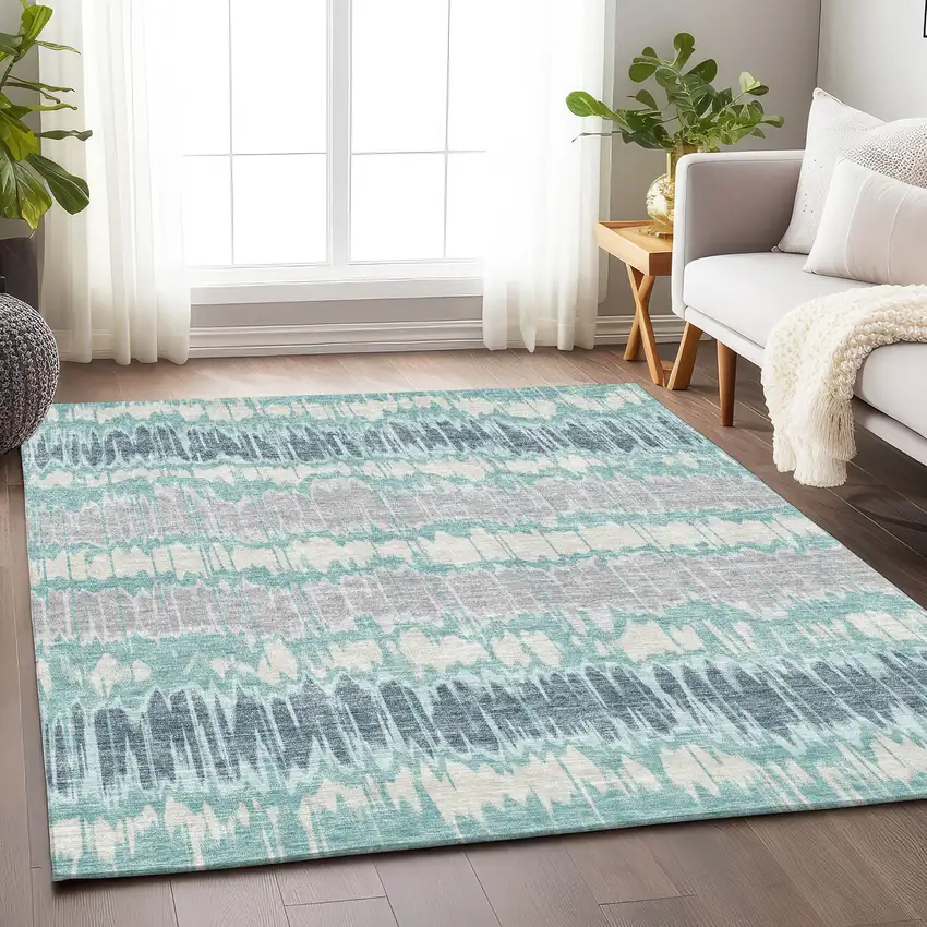 Teal Silver And Gray Striped Washable Area Rug With UV Protection Photo 5