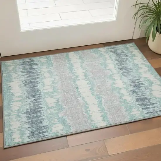 Teal Silver And Gray Striped Washable Area Rug With UV Protection Photo 2