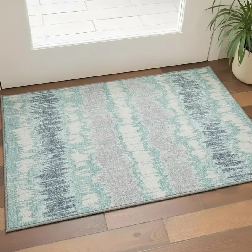 Teal Silver And Gray Striped Washable Area Rug With UV Protection Photo 2