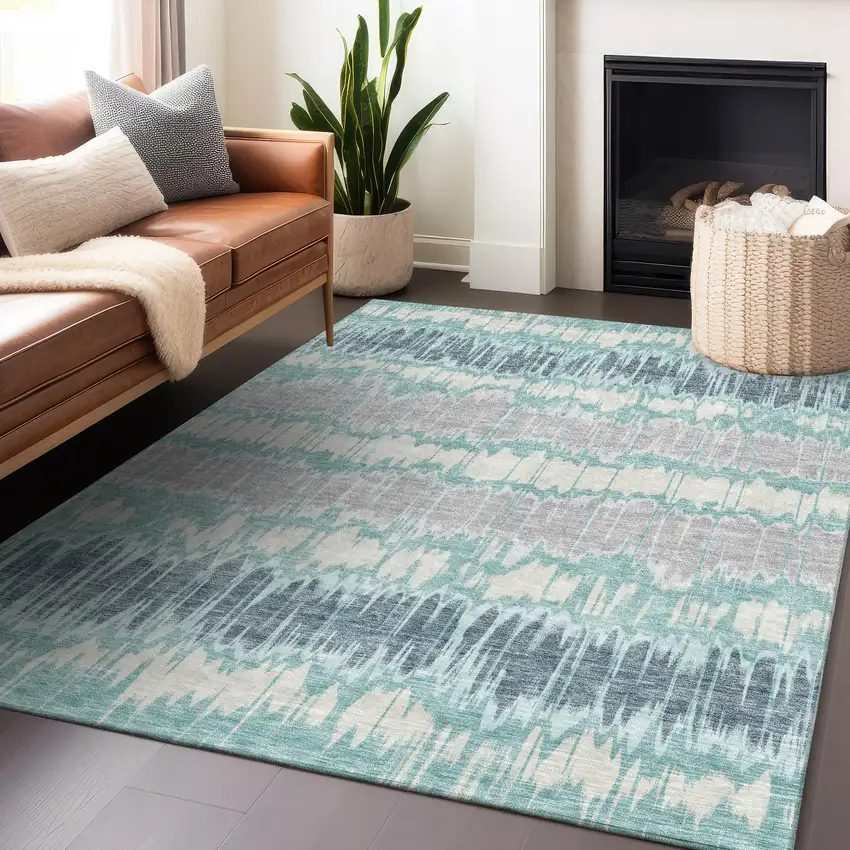 Teal Silver And Gray Striped Washable Area Rug With UV Protection Photo 6
