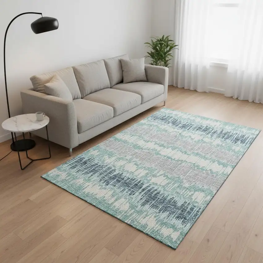 Teal Silver And Gray Striped Washable Area Rug With UV Protection Photo 2
