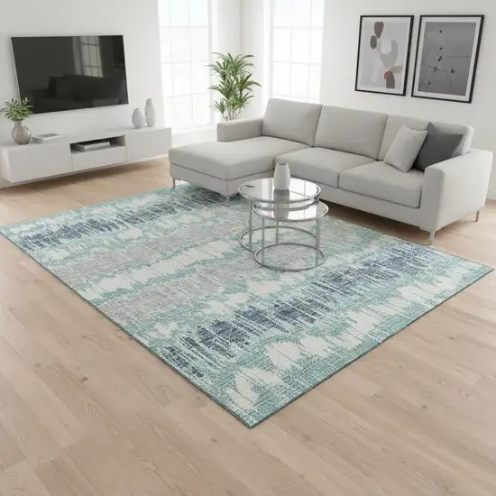 Teal Silver And Gray Striped Washable Area Rug With UV Protection Photo 2