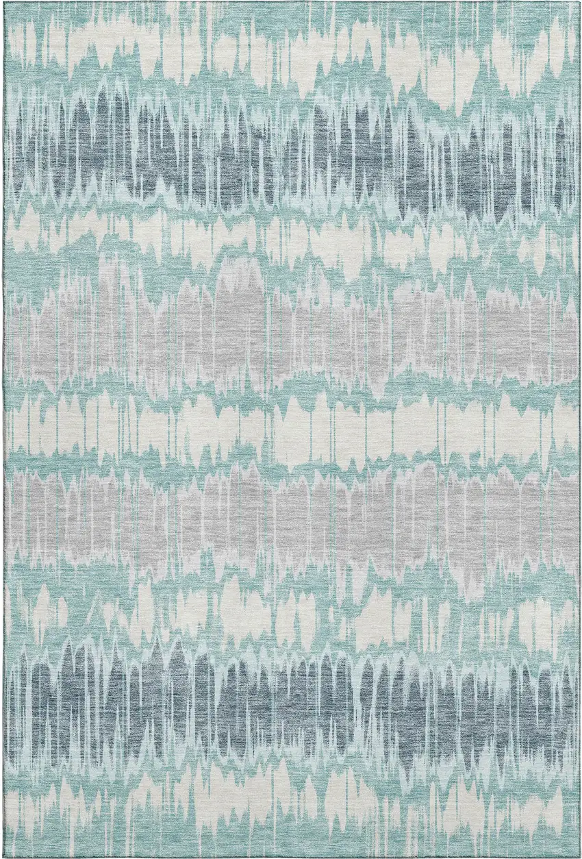 Teal Silver And Gray Striped Washable Area Rug With UV Protection Photo 1