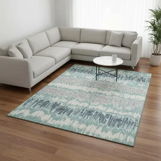 Teal Silver And Gray Striped Washable Area Rug With UV Protection Photo 2