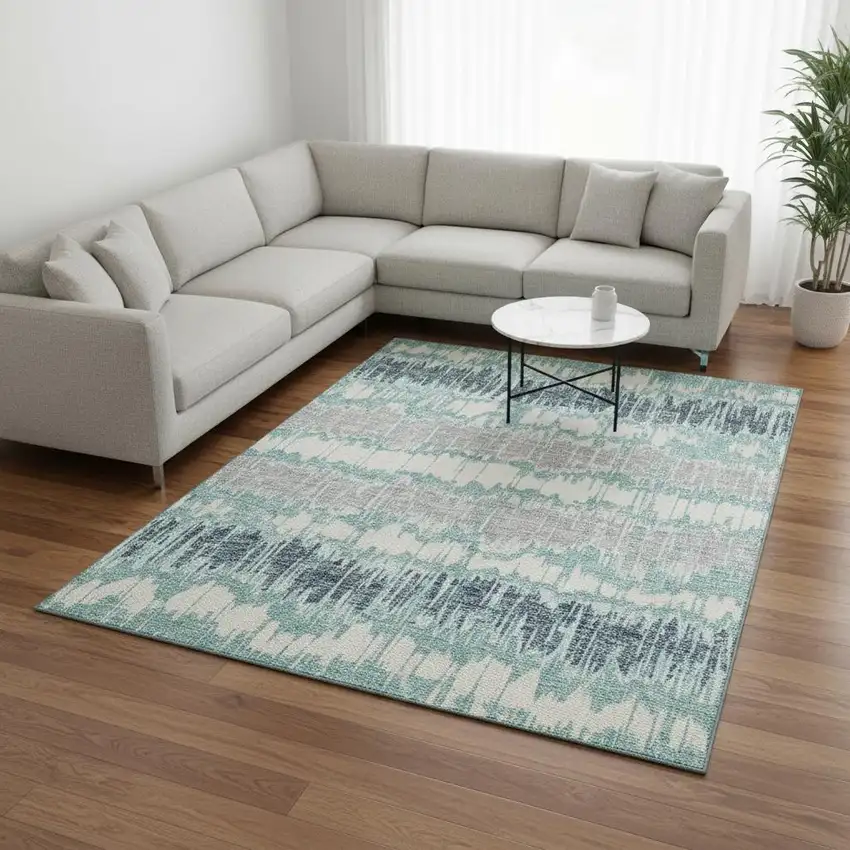 Teal Silver And Gray Striped Washable Area Rug With UV Protection Photo 2