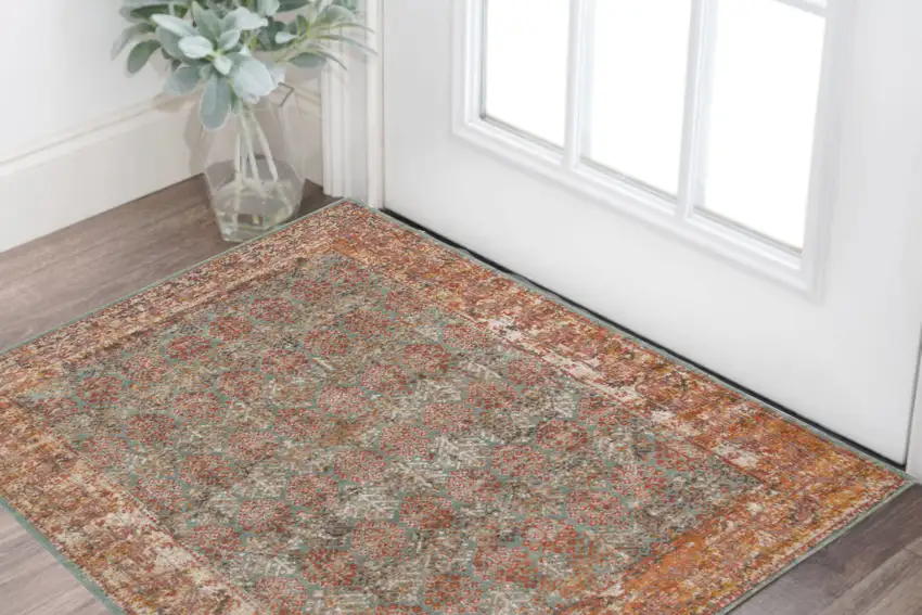 Teal and Brown Medallion Power Loom Distressed Area Rug Photo 5