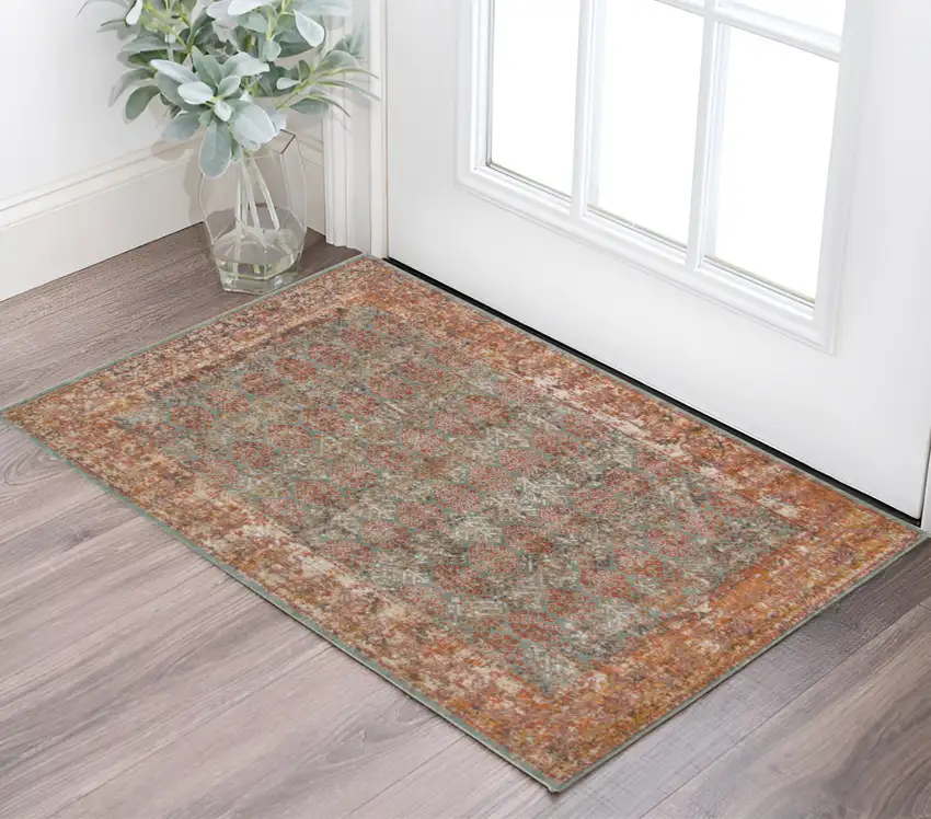 Teal And Orange Medallion Distressed Area Rug Photo 1