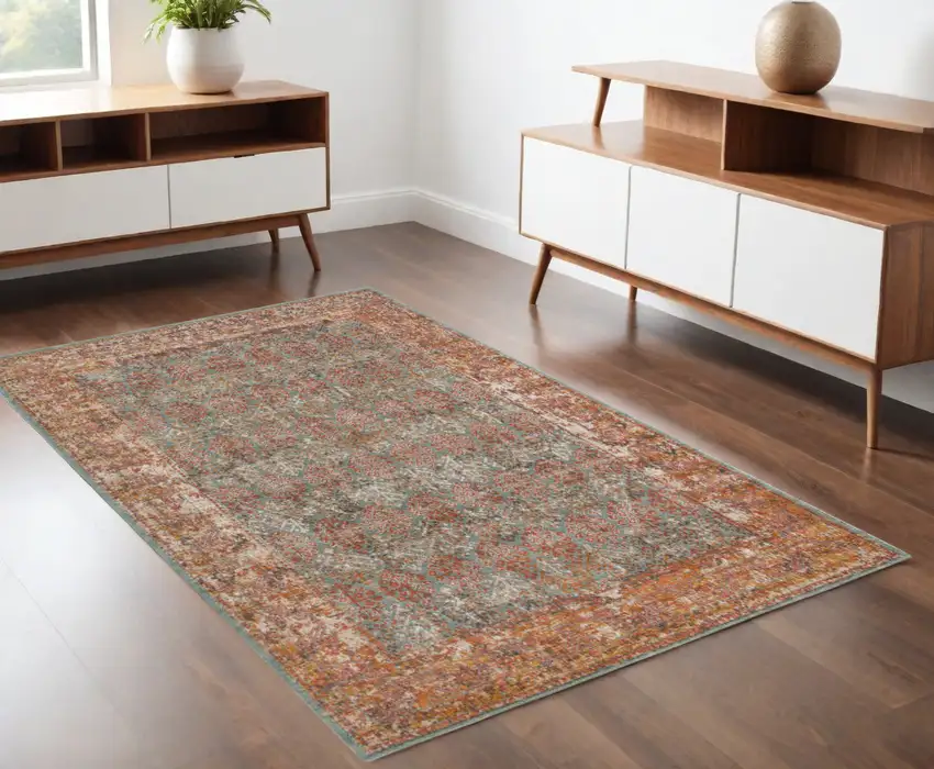 Teal and Brown Medallion Power Loom Area Rug Photo 1