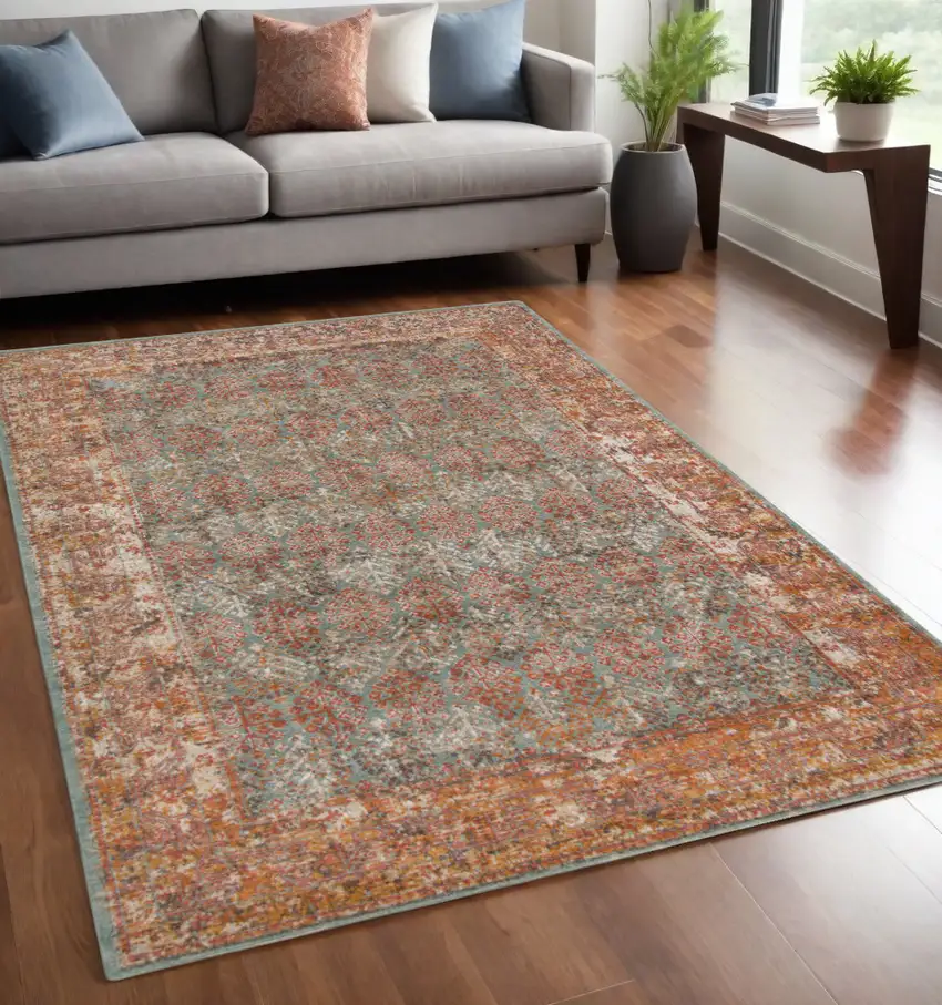 Teal and Brown Medallion Power Loom Area Rug Photo 1