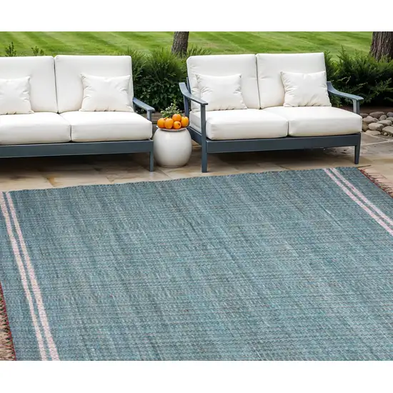 Teal Striped Hand Woven Area Rug With Fringe Photo 2