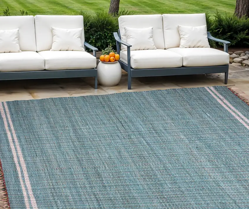 Teal Striped Hand Woven Area Rug With Fringe Photo 2
