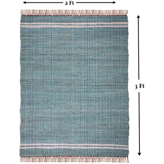 Teal Striped Hand Woven Area Rug With Fringe Photo 7