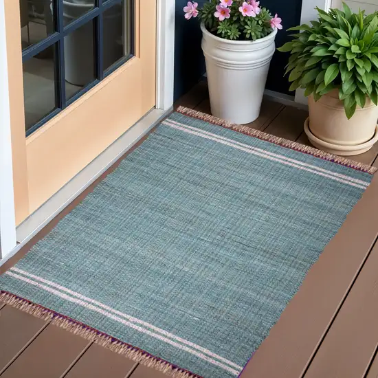 Teal Striped Hand Woven Area Rug With Fringe Photo 8