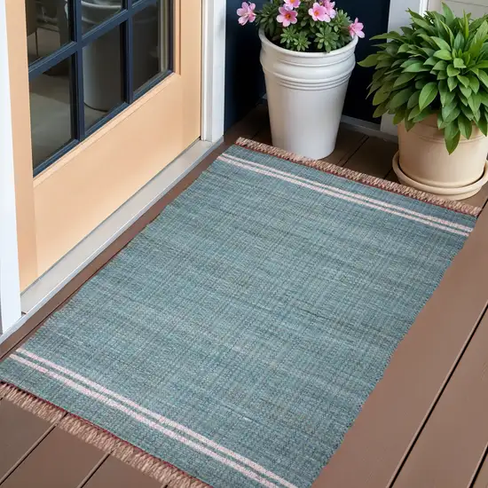 Teal Striped Handmade Indoor Outdoor Area Rug Photo 2