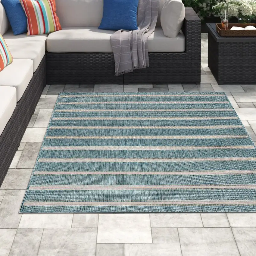 Teal Striped Indoor Outdoor Area Rug Photo 8