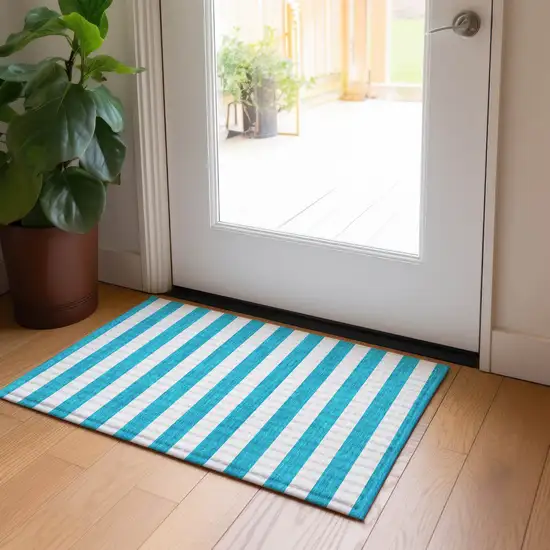 Teal Striped Washable Non Skid Indoor Outdoor Area Rug Photo 6