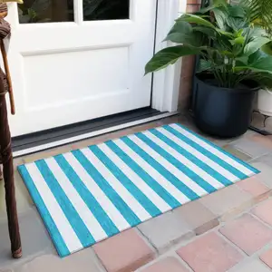 Photo of Teal Striped Washable Non Skid Indoor Outdoor Area Rug