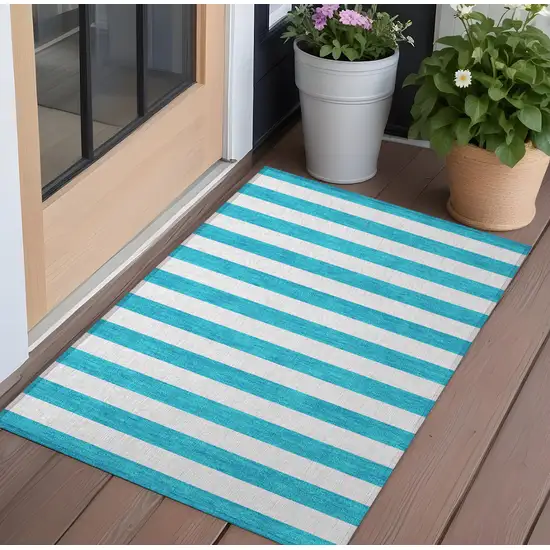 Teal Striped Washable Non Skid Indoor Outdoor Area Rug Photo 1
