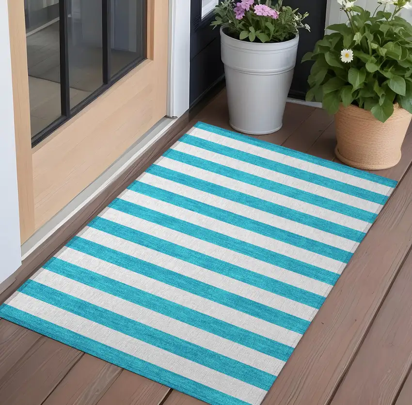 Teal Striped Washable Non Skid Indoor Outdoor Area Rug Photo 1