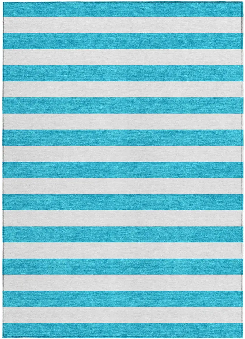 Teal and White Striped Washable Indoor Outdoor Area Rug Photo 3