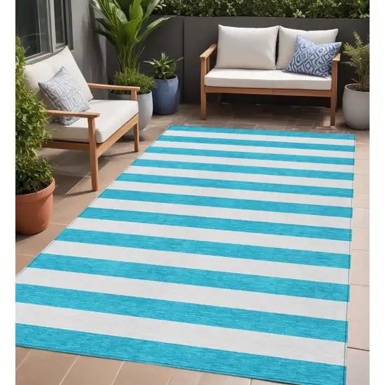 Teal and White Striped Washable Indoor Outdoor Area Rug Photo 1