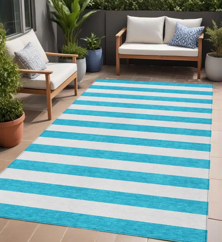 Teal and White Striped Washable Indoor Outdoor Area Rug Photo 1