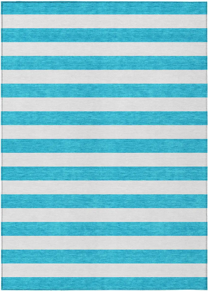 Teal and White Striped Washable Indoor Outdoor Area Rug Photo 2