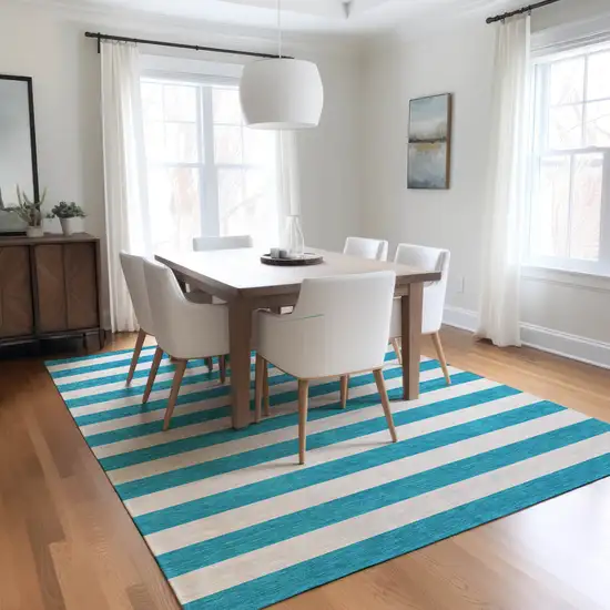 Teal and White Striped Washable Indoor Outdoor Area Rug Photo 6