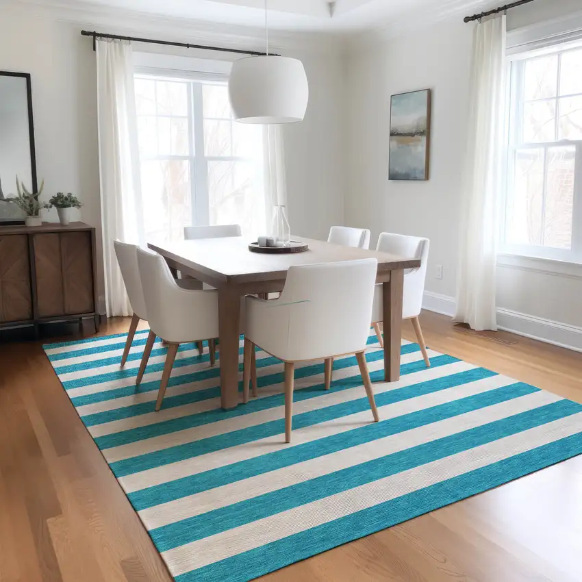 Teal and White Striped Washable Indoor Outdoor Area Rug Photo 6