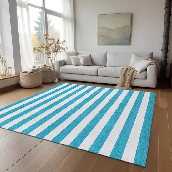 Teal and White Striped Washable Indoor Outdoor Area Rug Photo 7