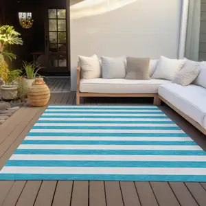 Photo of Teal Striped Washable Non Skid Indoor Outdoor Area Rug