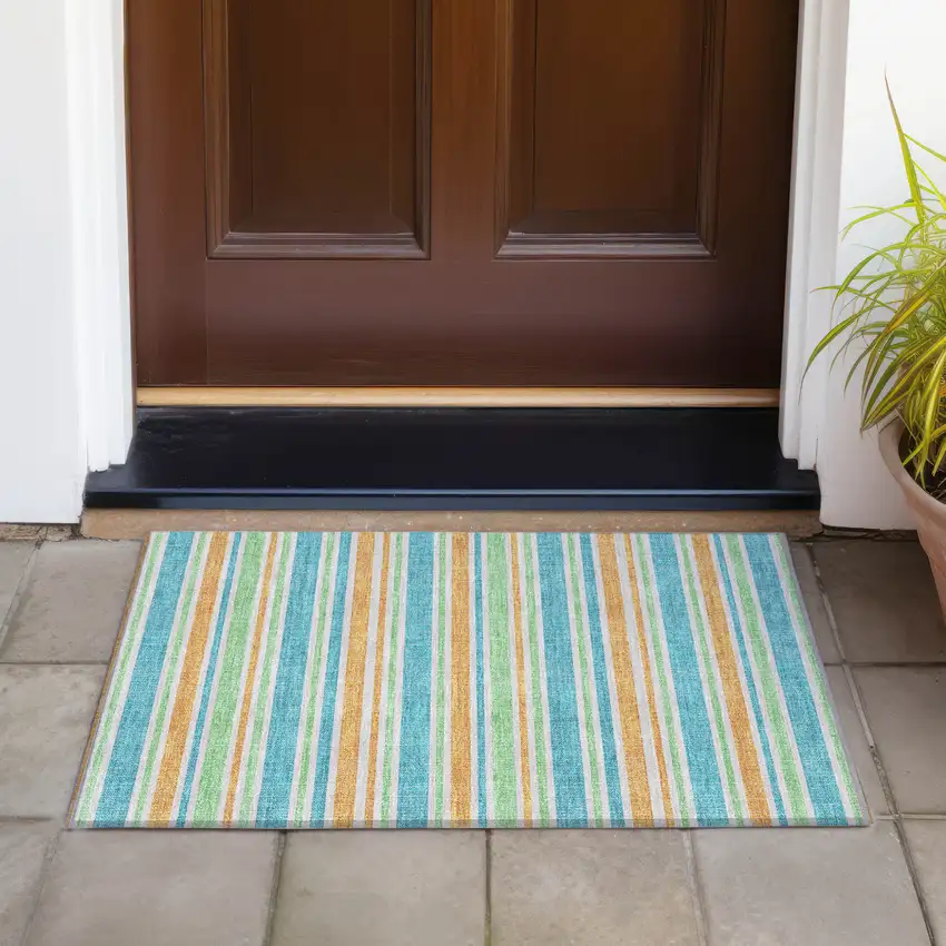 Teal Striped Washable Non Skid Indoor Outdoor Area Rug Photo 7