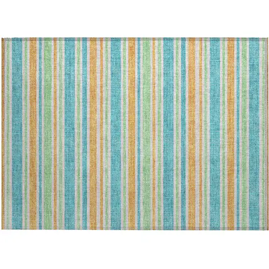 Teal Striped Washable Non Skid Indoor Outdoor Area Rug Photo 2