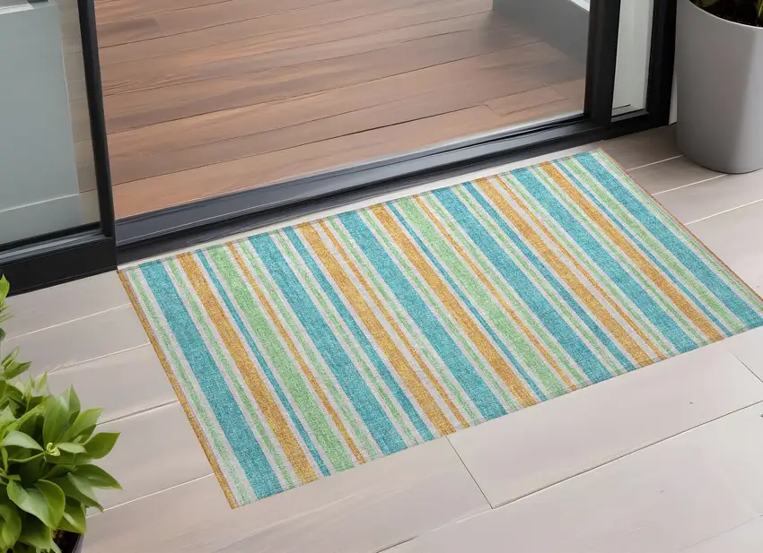 Teal Striped Washable Non Skid Indoor Outdoor Area Rug Photo 1