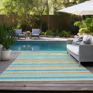 Photo of Teal Striped Washable Non Skid Indoor Outdoor Area Rug
