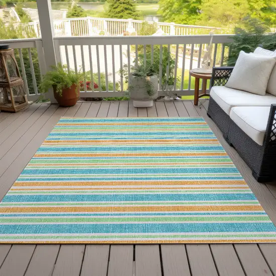 Teal Yellow and Green Striped Washable Non Skid Indoor Outdoor Area Rug Photo 7