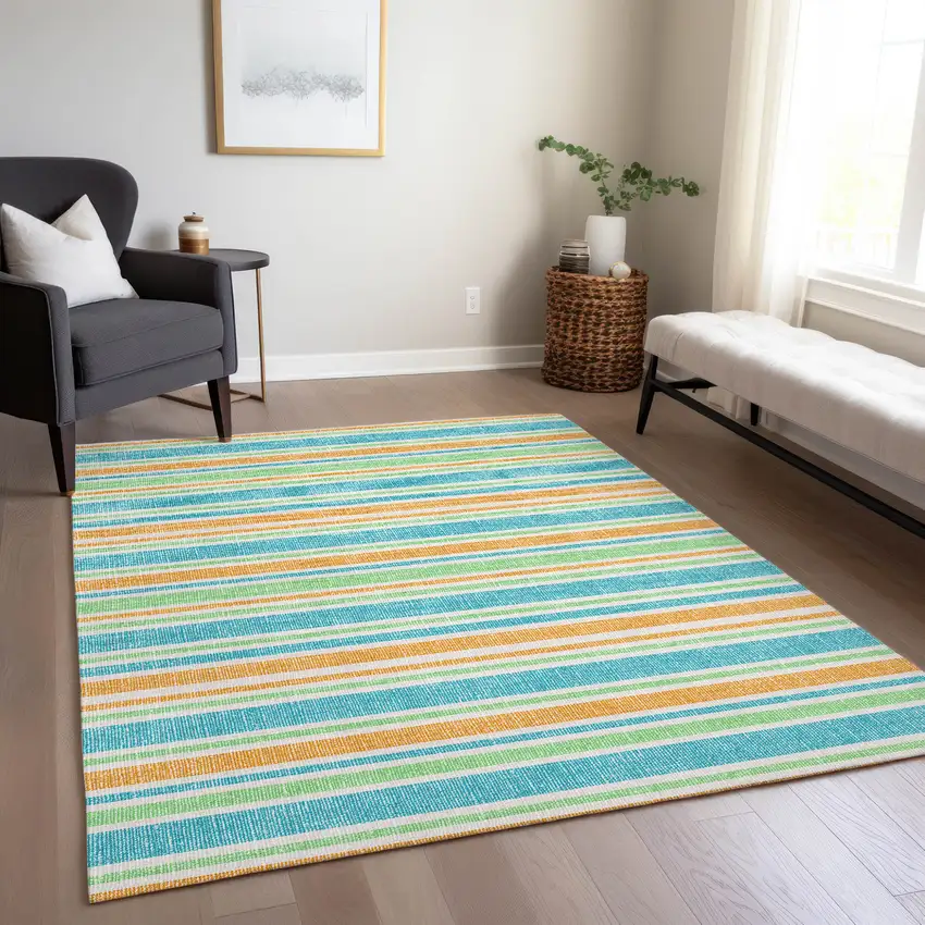 Teal Yellow and Green Striped Washable Non Skid Indoor Outdoor Area Rug Photo 8