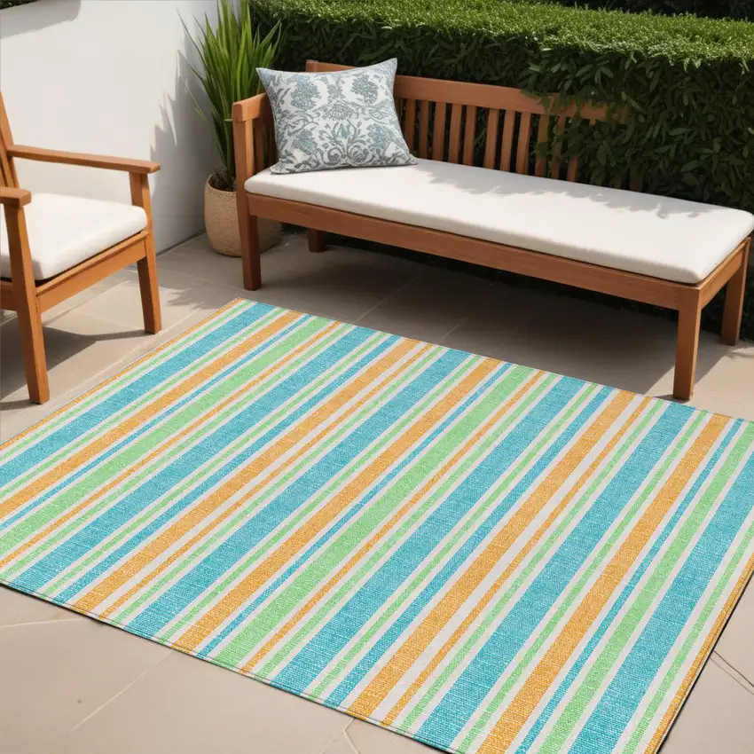 Teal Yellow and Green Striped Washable Non Skid Indoor Outdoor Area Rug Photo 1