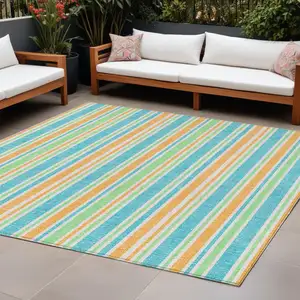 Photo of Teal Striped Washable Non Skid Indoor Outdoor Area Rug