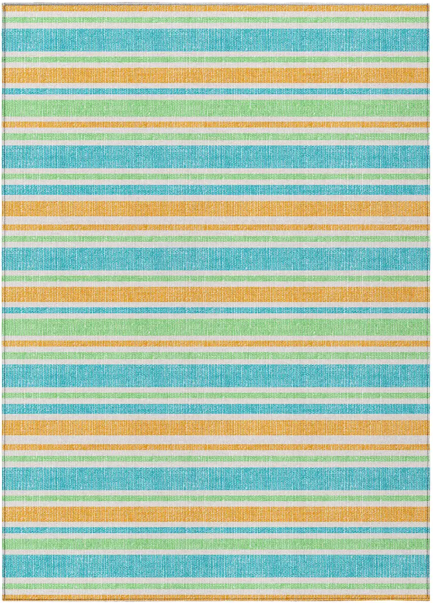 Teal Yellow and Green Striped Washable Non Skid Indoor Outdoor Area Rug Photo 2