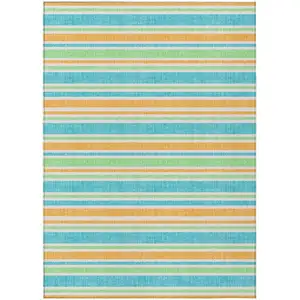 Photo of Teal Striped Washable Non Skid Indoor Outdoor Area Rug