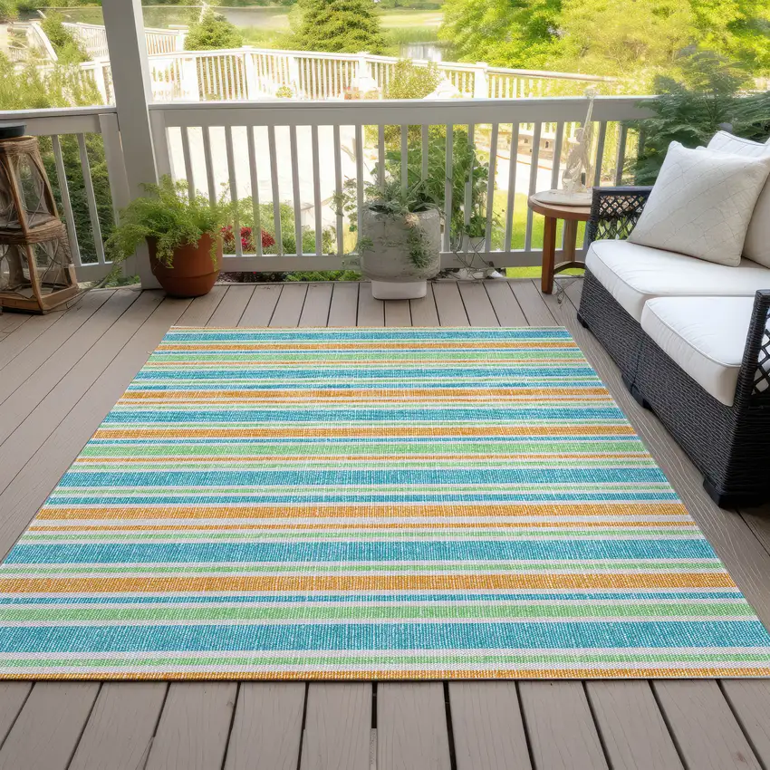 Teal Yellow and Green Striped Washable Non Skid Indoor Outdoor Area Rug Photo 7