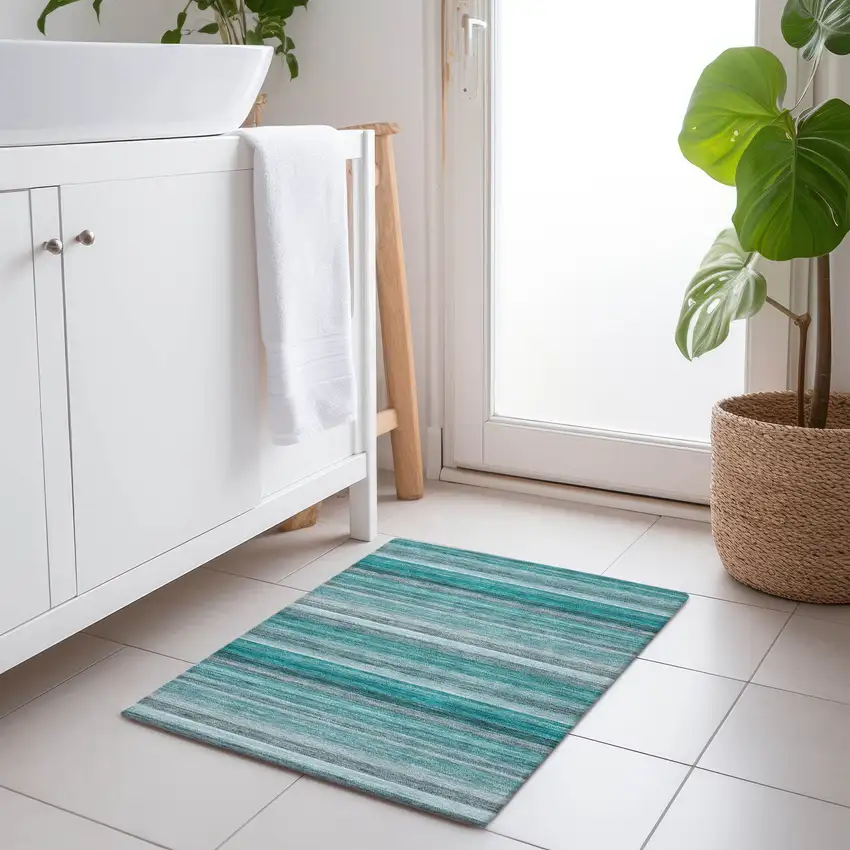 Teal Striped Washable Non Skid Indoor Outdoor Area Rug Photo 9